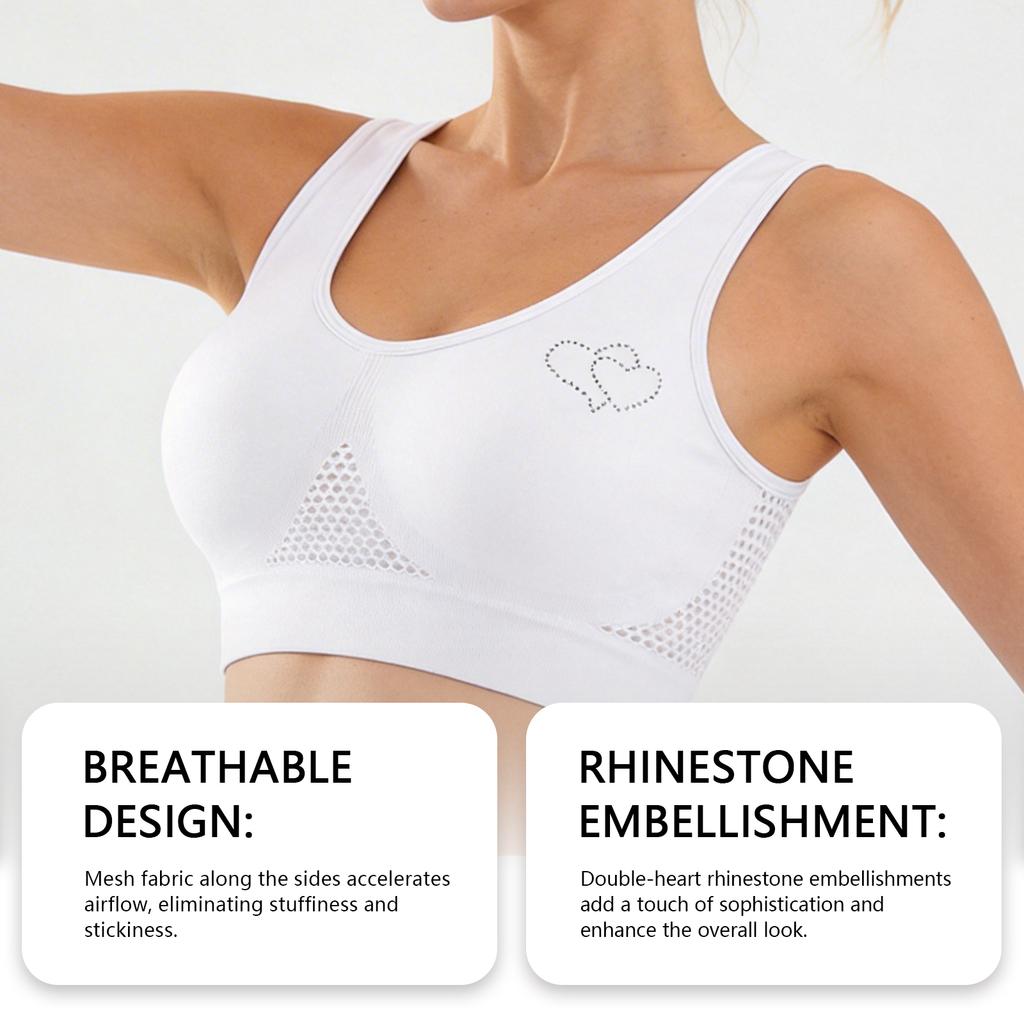 Zeriluna Breathable Mesh Rhinestone Sports Bra Shockproof wide shoulder straps, comfortable fit, seamless inner tank top