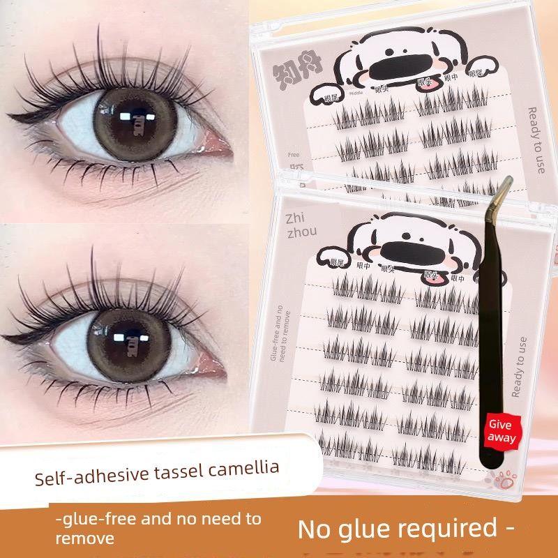 2025 New Glue-Free Self-Adhesive False Eyelashes for Women, Natural Realistic Baby Straight Sunflower Style, Reusable Tassel Camellia [Free Golden Feather Tweezers]