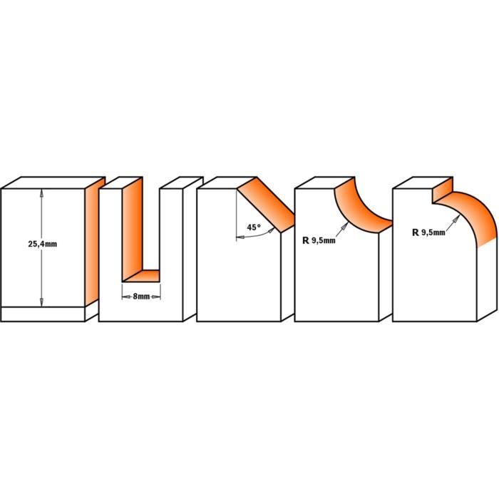 CMT : Coffret 5 Fraises Carbure Profil Defonceuse Queue 8 Mm