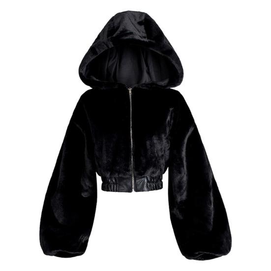 Autumn Winter Lady Cardigan Coat Thickened Plush Hooded Collar Loose Windproof Solid