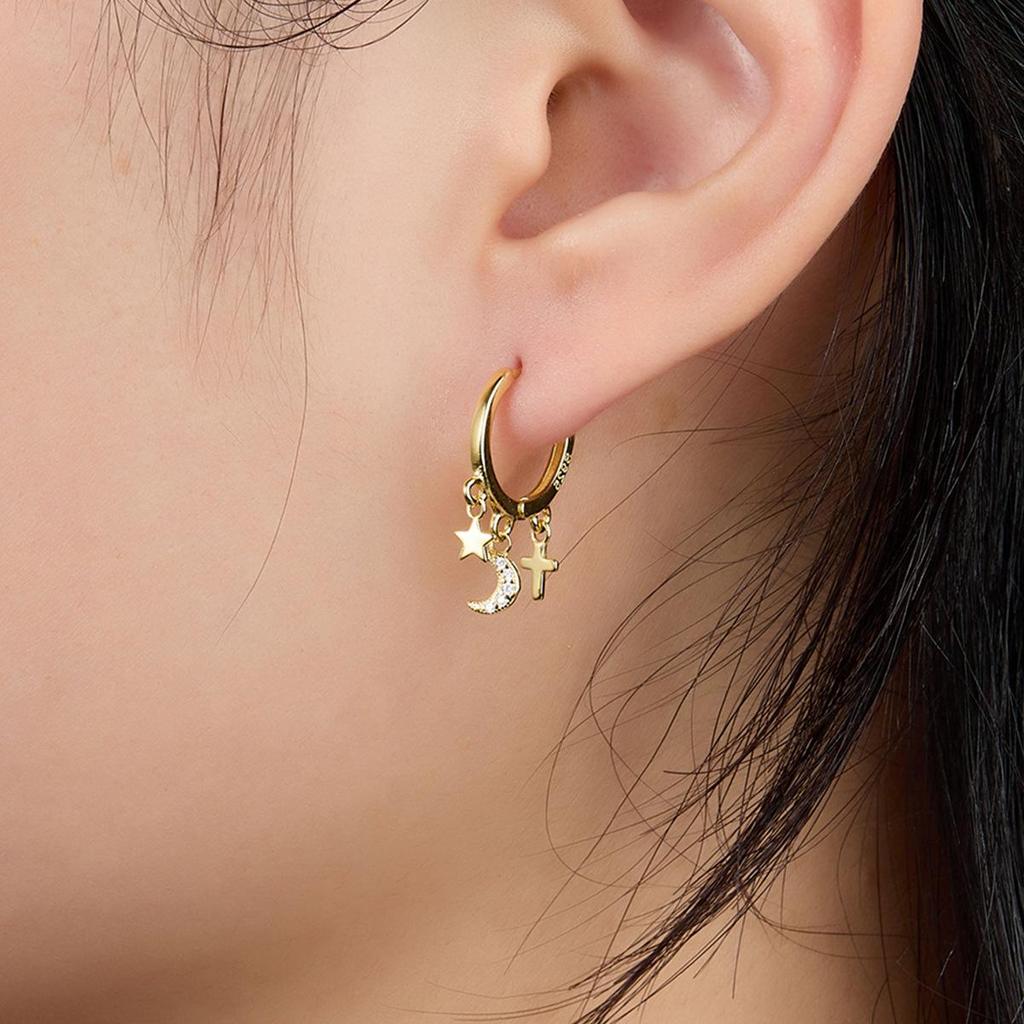 Sterling Silver Star, Moon & Cross Zircon Earrings – Trendy and Versatile