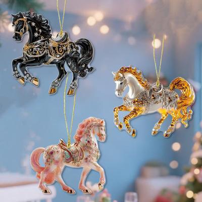 Horse Christmas Ornaments Glitter Rhinestone Horse Christmas Tree Hanging Ornament 2D Flat Acrylic Car Rear View Mirror Charm for Holiday Home Decor
