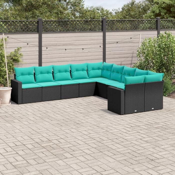 VidaXL Salon de Jardin avec Coussins 10 pcs, Canapés de Patio, Ensemble de Meubles, Mobilier de Terrasse Exterieur, Noir 3219497