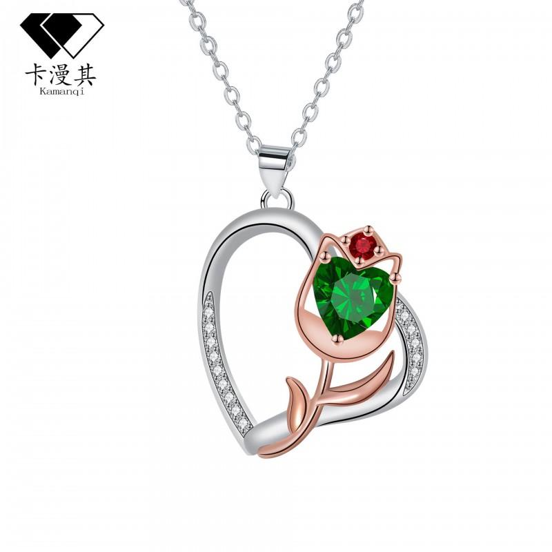 Elegant Rose Heart Pendant Necklace Women Gold Floral Charm On Cross Chain Fashionable Daily Wear Jewelry Rose Gold Plated