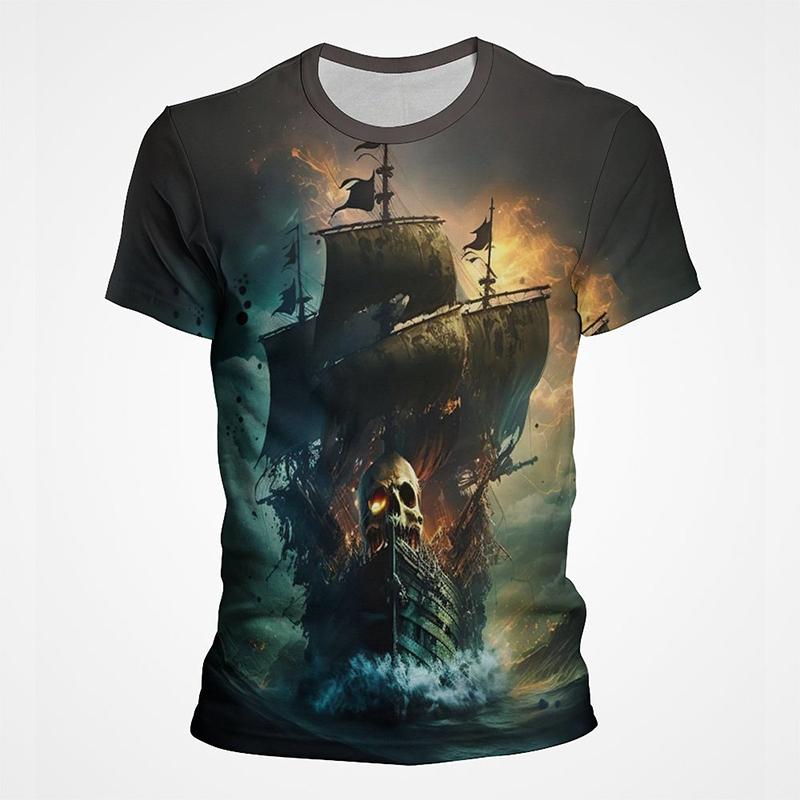 Segelboot Piratenschiff Grafik T-Shirts Herren 3D-Druck Kurzarm Tee Tops Lässig Herren Übergröße Streetwear T-Shirt Ropa Hombre