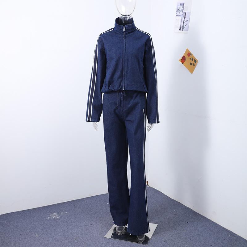 Patchwork Gestreifte Jacke Weitbeinige Hose Set Damen Stehkragen Reißverschluss Locker Jeansjacke Kordelzug Hose Zweiteiliges Set Schlichtes Lässiges Hosen-Set