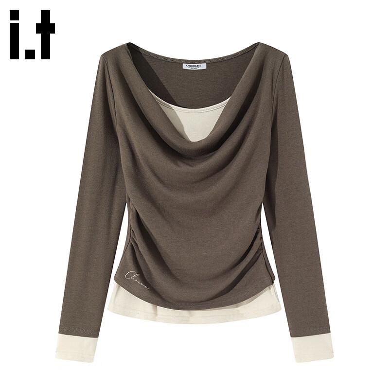 CHOCOOLATE Faux Two-Piece Cowl Neck Long Sleeve T-Shirt L