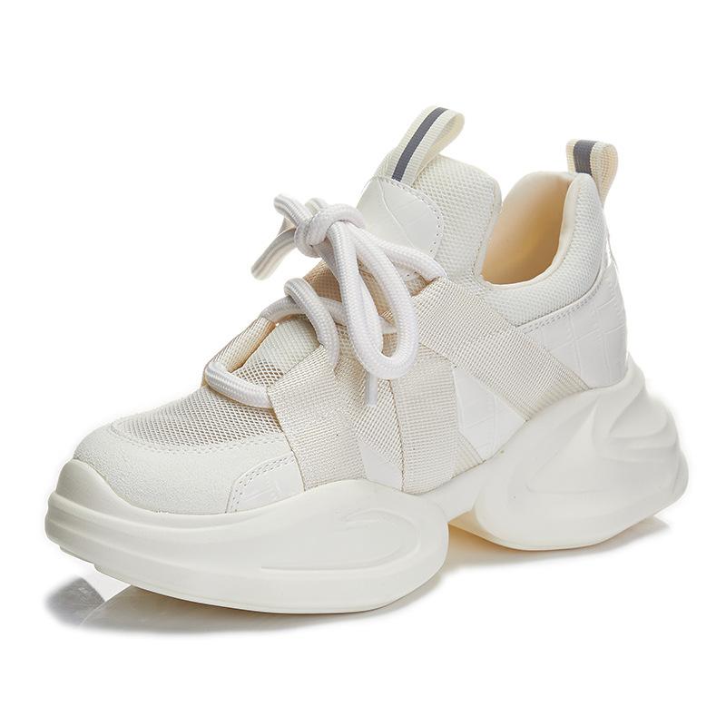 Genuine Leather Platform Shoes  Women's New Black Thick Soles Internal Height Increasing Sports Shoes White Sneakers Women