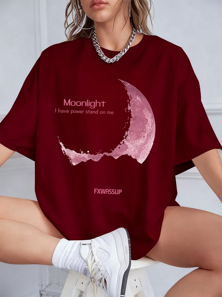 Plus Beautiful Moonlight Prints T-Shirts Womens Summer Cotton Short Sleeve T Shirt O-Neck Comfortable Loose Tops Casual Clothes