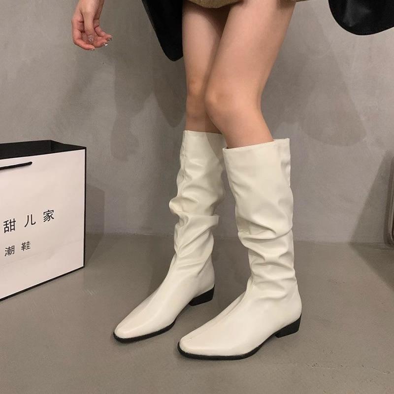 Thick Heel Pleated Pile Long Knight Boots Women's Shoes New Year Spring and Autumn Western Skinny Medium Tube Long Boots