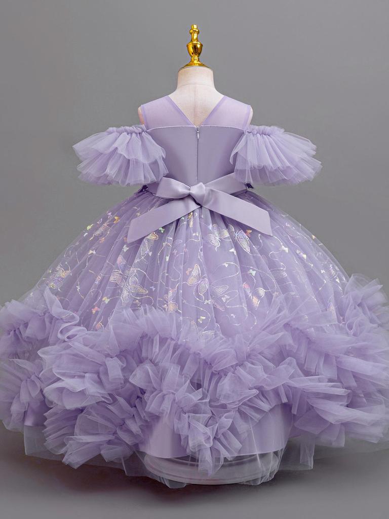 Girls' One-Shoulder Princess Dress with Mesh Puff Skirt – Formal Flower Girl Birthday Dance Costume