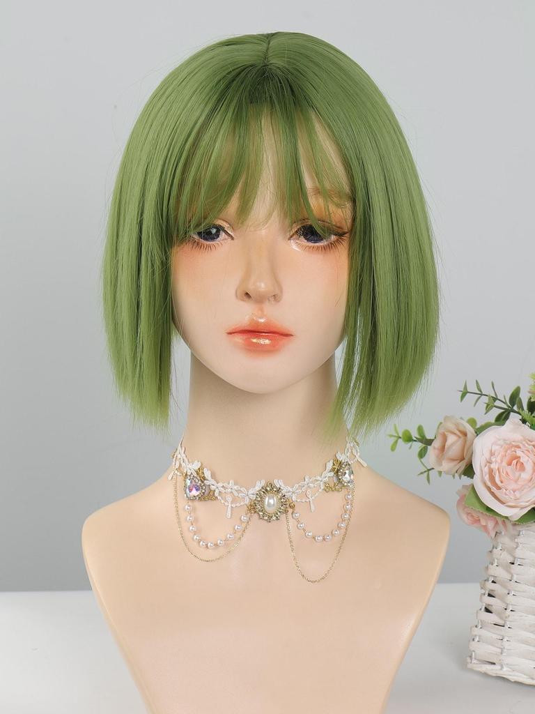 Zielona peruka Cosplay syntetyczne peruki odporne na ciepło 10-calowe krótkie peruki z grzywką prosta peruka Lolita Halloween z grzywką dla kobiet odporna na ciepło