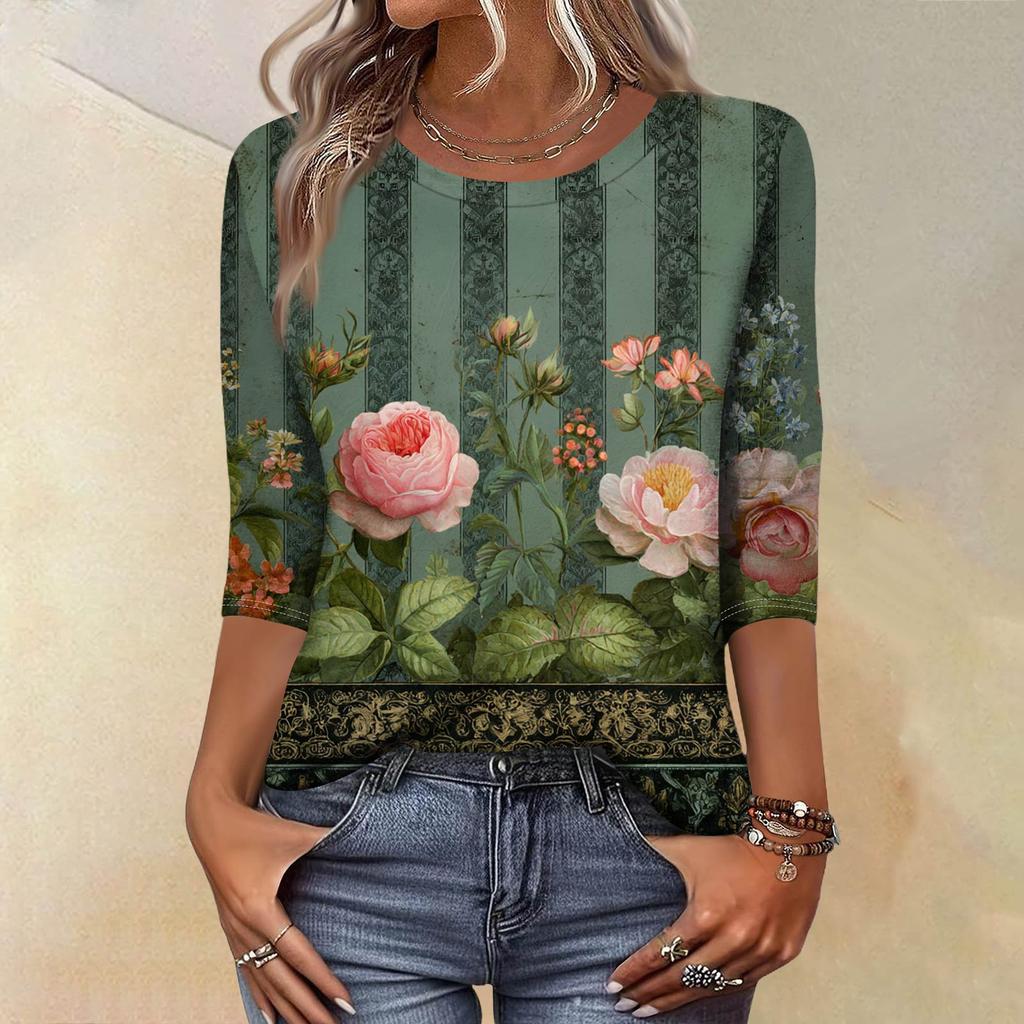 Trendy Vintage 3/4 Sleeve Top For Women,Ladies Casual Three Quarter Sleeve Round Collar Printed T-Shirt Blouse