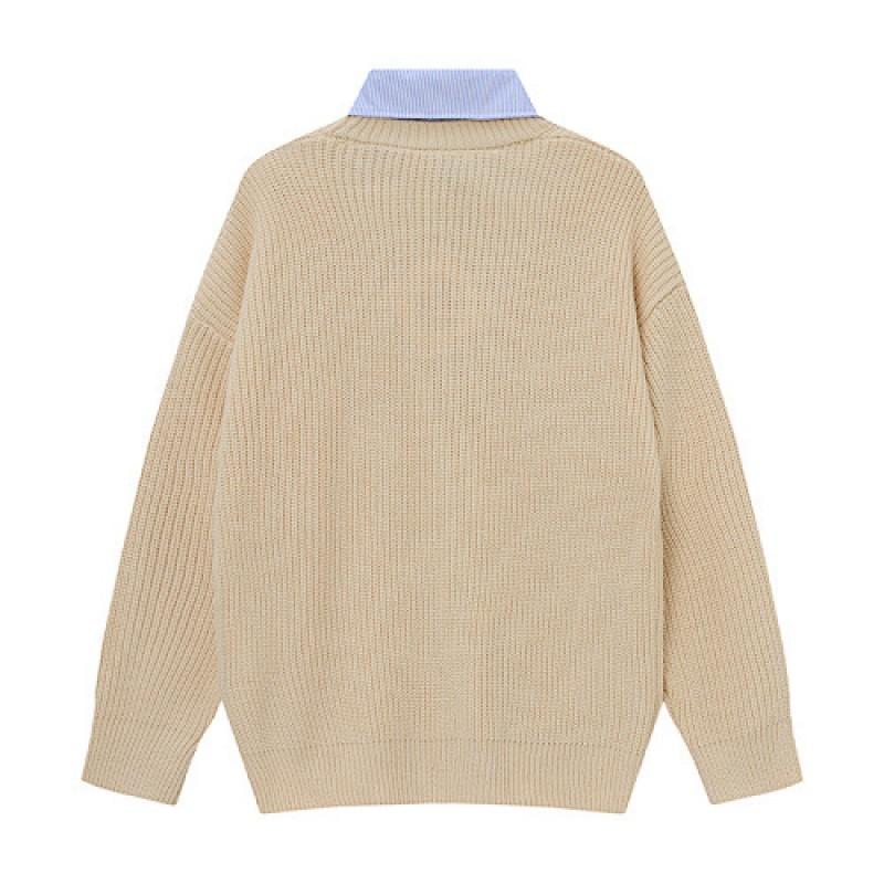 V-neck Knit Cardigan Preppy Vintage Colorblock Fake 2-piece Long Sleeve Casual Outerwear Teens