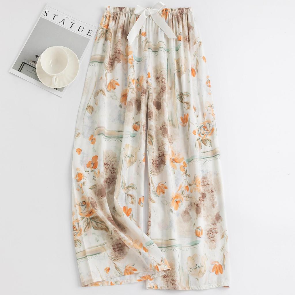 Women's Floral Cotton Silk Pajama Pants, Mosquito Repellent, Outdoor & Home Wear, Plus Size, Lightweight Summer Style.