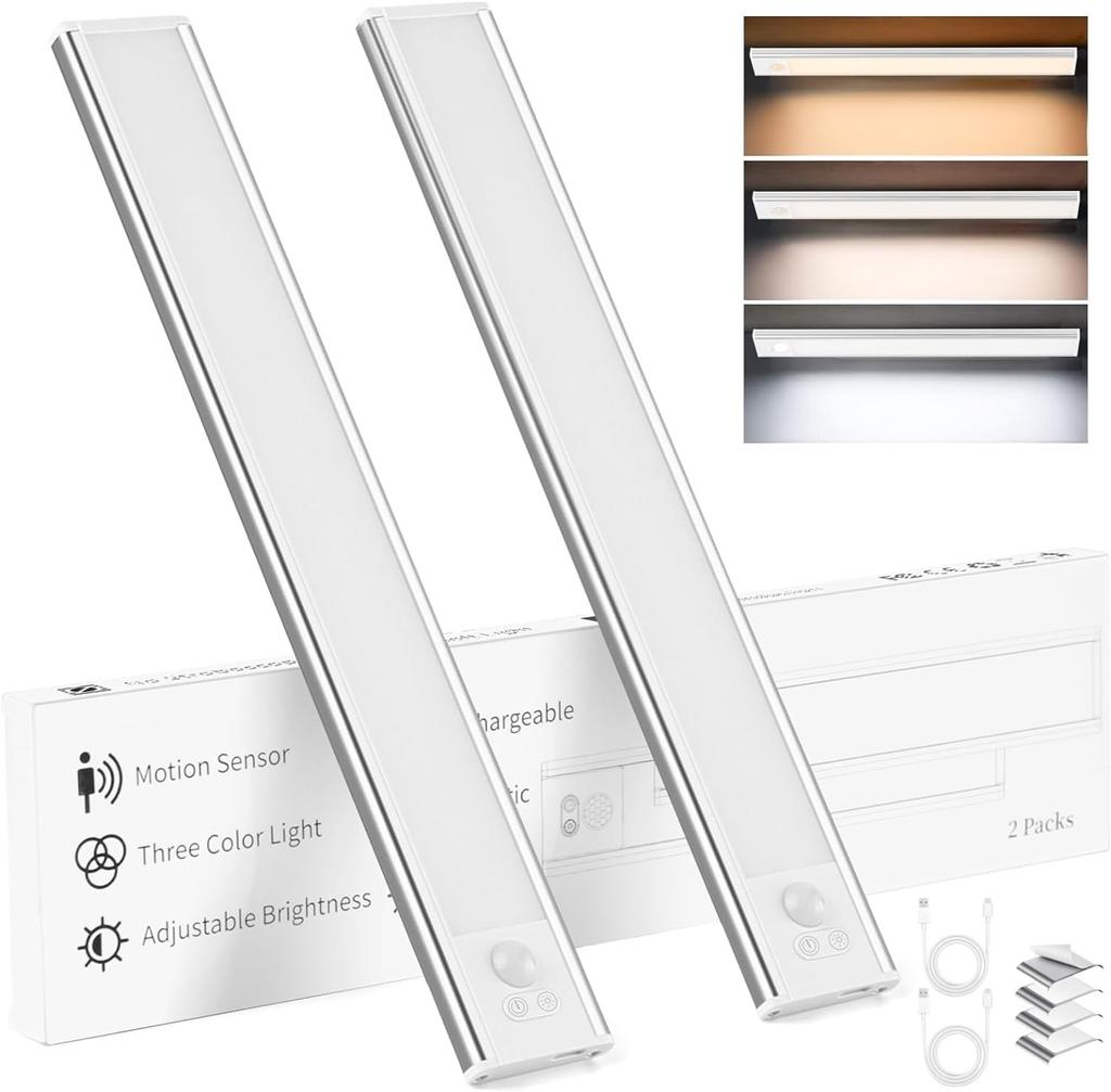 Motion Sensor 3 Color LED Bar Indoor LED Cabinet Light USB 3 Color Stepless Foot Entrance Easy High High Long No Wiring 2 Pack X-AMISA Light, 30cm,