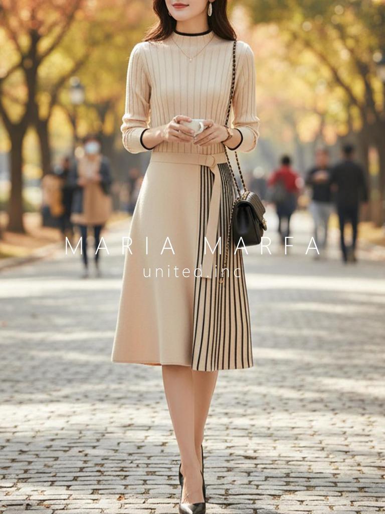 MARIA MARFA Ribbed Knit Tight Elegant Dress for Office and Party Size M Dress, Fall/Winter, Fit, Two-Tone, Wear, Ivory, (5A-M11-IVM)