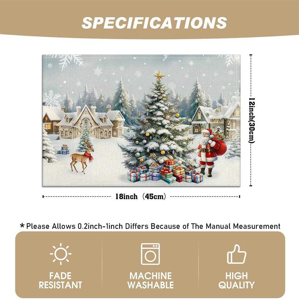 4/6pcs Christmas Theme Linen Placemats, Featuring Christmas Tree, Santa Claus, Snowy House, and Snowflake Patterns, Suitable for Holiday Table Decor,