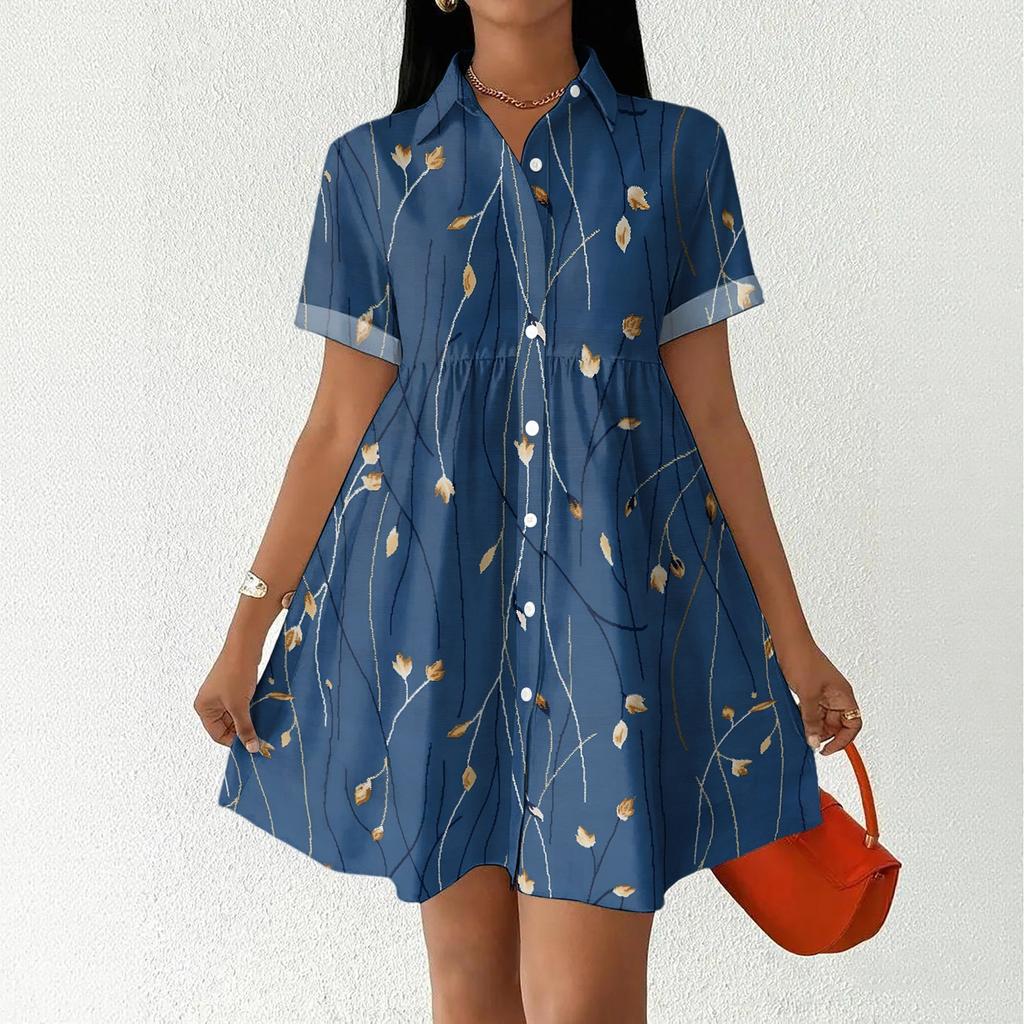 Women’s Casual Loose Fit Shirt Dress Button Down Stand Collar Short Sleeve Relaxed Tunic Dress with Geometric Print