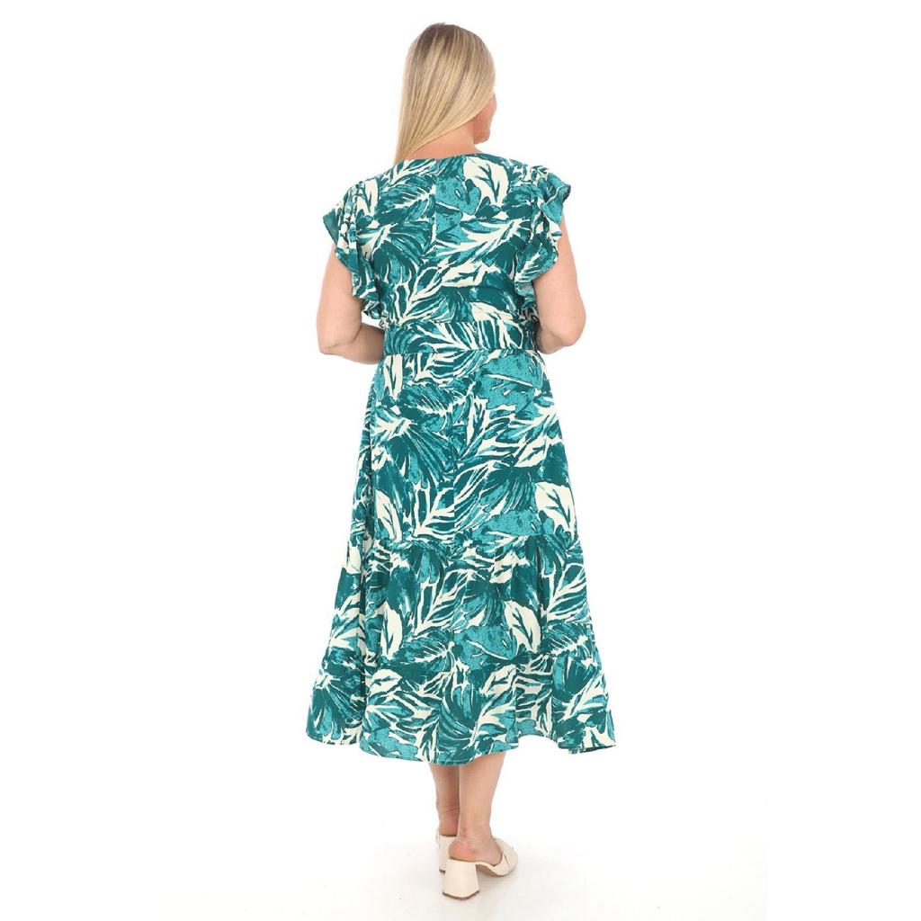 Flounce Sleeves Crew Neck Belted Floral Patterned Long Viscose Dress
