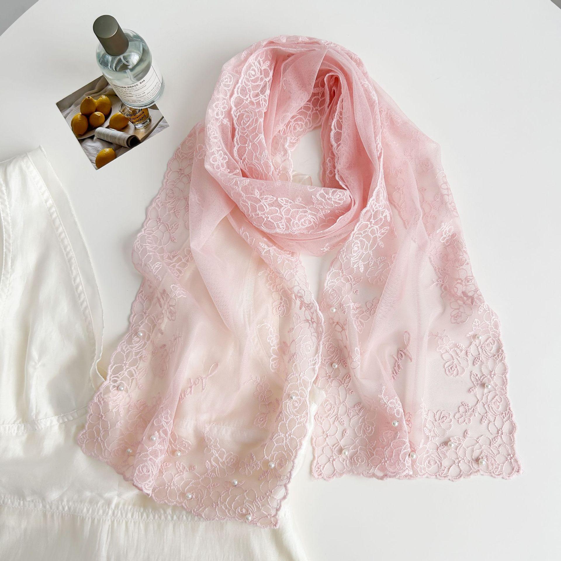 [Lace Series] Embroidered Pearl Lace Mesh Silk Scarf Korean Version Versatile Literary White Lace Headscarf Decoration 160cm