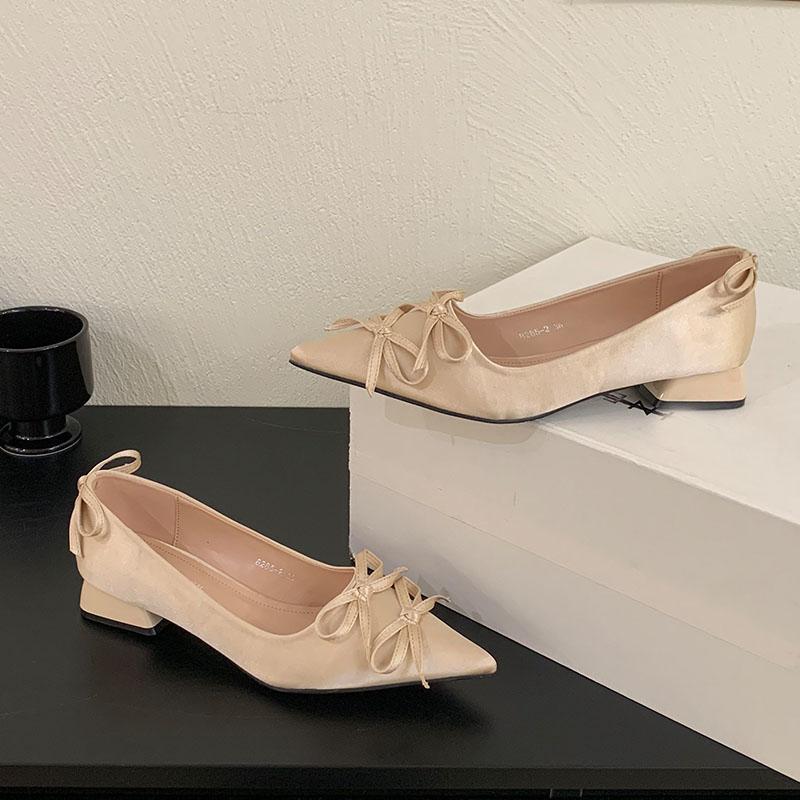 Fashion 2025 New Fashion Silk Shallow Women Low Heel Shoes Butterfly-Knot Female Slip On Footwear Pointed Toe Ladies Heels Pumps Shoes