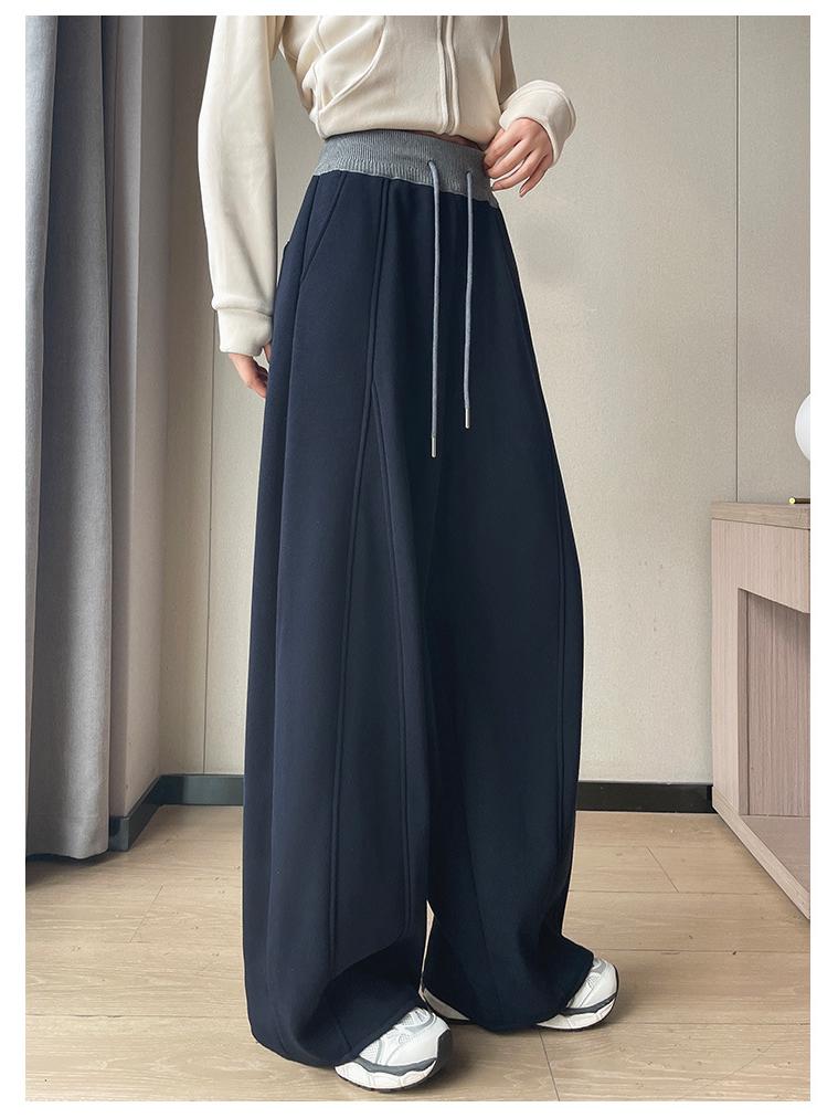 American Trendy Grey Curved-Leg Women's Plus Velvet Thickened Wide-Leg Sweatpants for Autumn/Winter