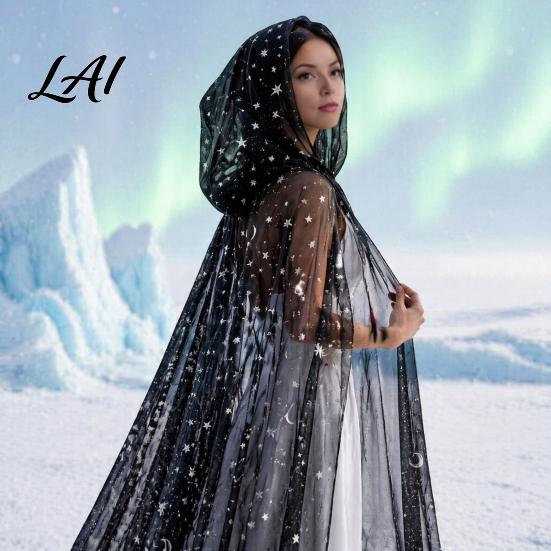 Elegant Stage Performance Cape Full Length Hooded Cloak for Women Star Moon Sheer Gothic Cosplay Robe Tulle Witch Halloween Costume Renaissance