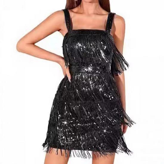 2025 Tassel & Sequin Cocktail Party Dress - Solid Color Suspenders & Short Skirt