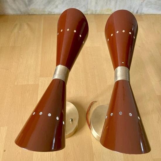 Set of 2 Mid Century Modern Brass Diabolo Wall Sconce Italian Stilnovo Double Cone Sconces Elegant Brass Wall Lamps Bathroom Vanity Light Bedside