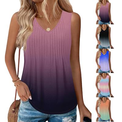 Women's Sleeveless V Neck Pleated Loose Fit Gradient Tank Top Lightweight Flowy Blouse for Summer Casual Wear