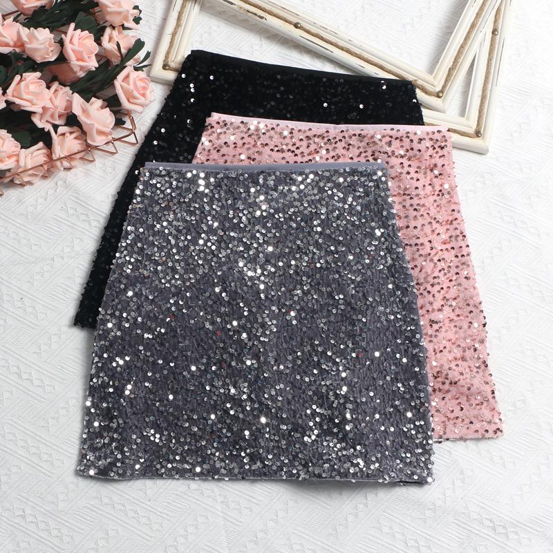 Pink Sequin High-Waist A-Line Disco Skirt - Anti-Exposure, Slim Fit