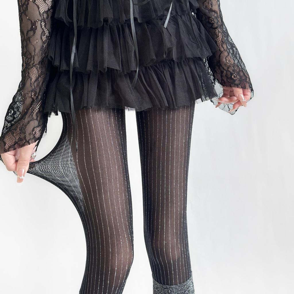 Autumn/Winter Silver Thread High-End Black Striped Leggings with Grey Layered Spicy Girl Stockings
