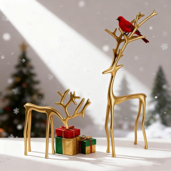 Minimalist Reindeer Statue Artistic Alloy Deer Sculpture Modern Abstract Golden Reindeer Ornament for Christmas