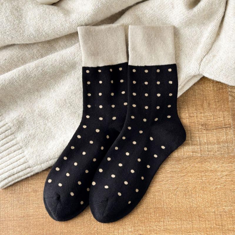 Mid-calf Socks for Women, Spring and Autumn Color-blocking Pile Socks, Retro Polka Dot School Style Cotton Socks for Women