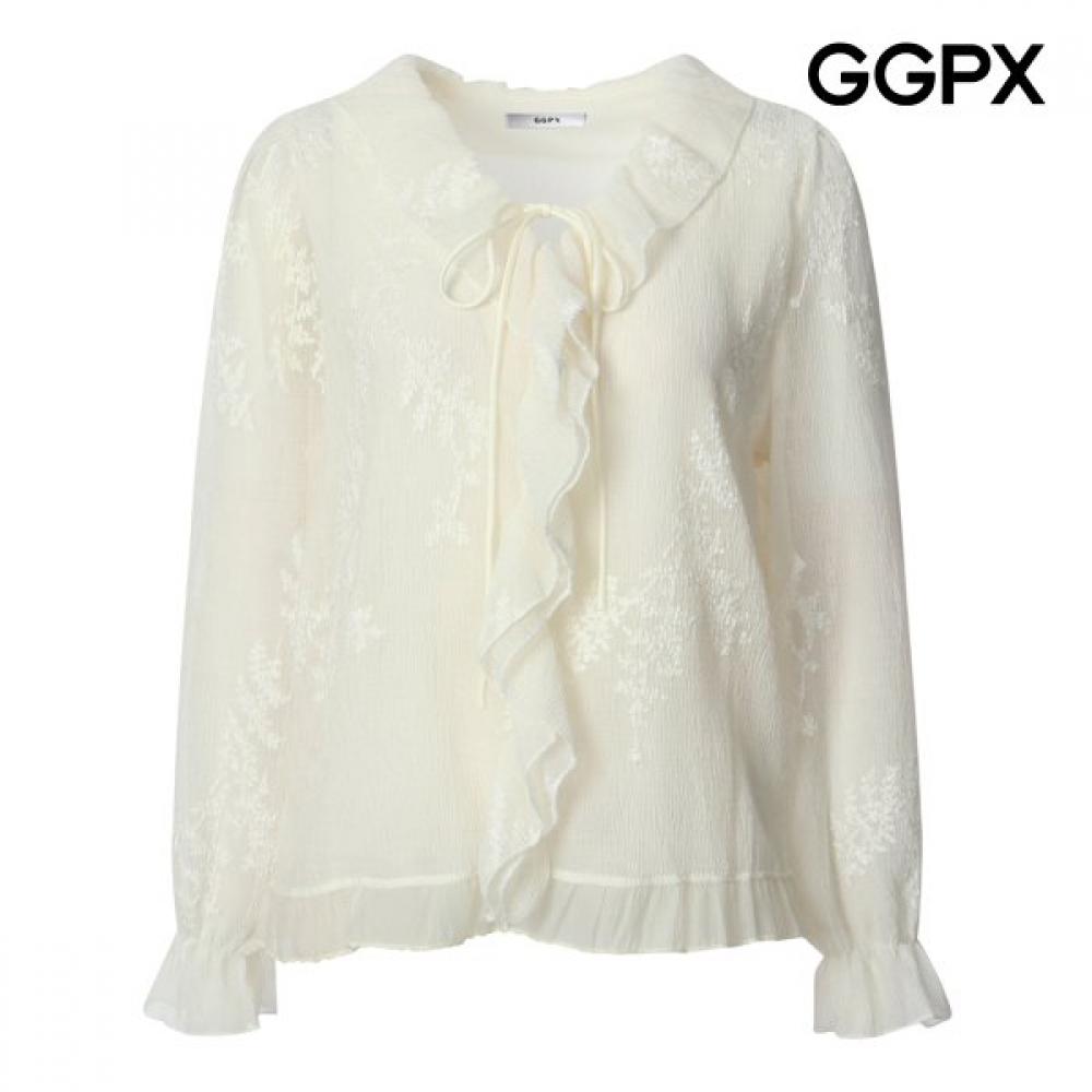 Ggpx V Neck Ribbon Ruffle Lace Blouse  Gq2sh007b Ivory/F