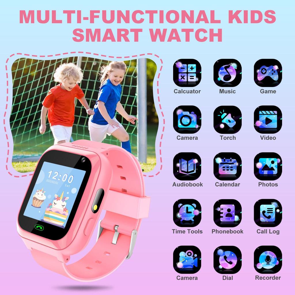 Kinder Smartwatch mit Zwei-Wege-Anruf, Kindersichere Anti-Verlust Smartwatch-Telefon, SOS-Anruf, Fernkamera, Touchscreen, Spiele