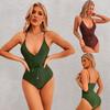 Women Solid Color Gathering One Piece High Waist Deep V Neck Backless Bikini Sets Strap Cross Swimsuit