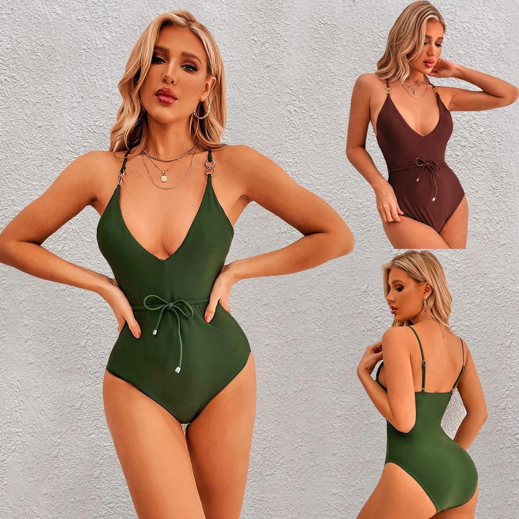 Women Solid Color Gathering One Piece High Waist Deep V Neck Backless Bikini Sets Strap Cross Swimsuit