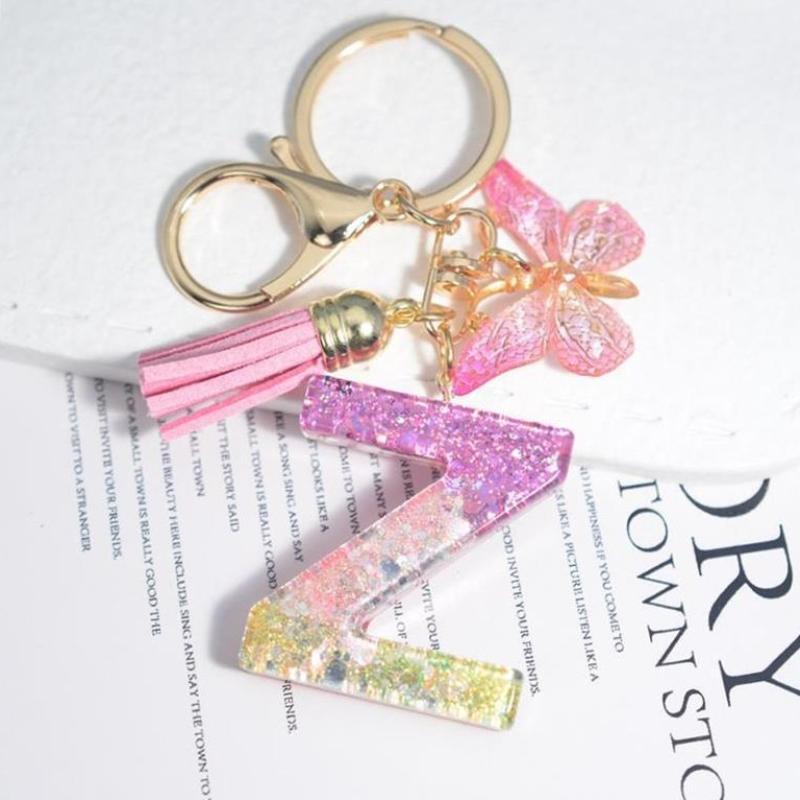 Fashion 26 English A-Z Initial Letter Resin Keychain Cute Butterfly Tassel Keyring Backpack Charm Pendent Accessories Gift
