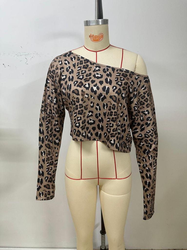 2026 Leopard Print Off-shoulder Cropped Long-Sleeve Top for Women