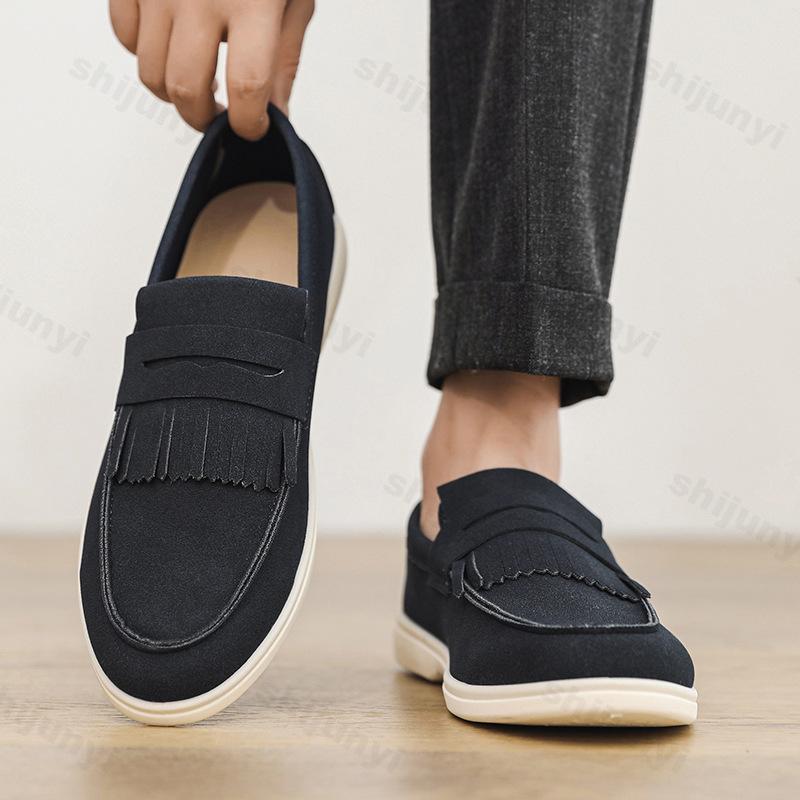 Fashion Men Flat Loafers 2025 Frosted Suede Flat Tassel Comfortable Non Slip Fashion Loafers Lightweight Trendy Outdoor Casual Shoes