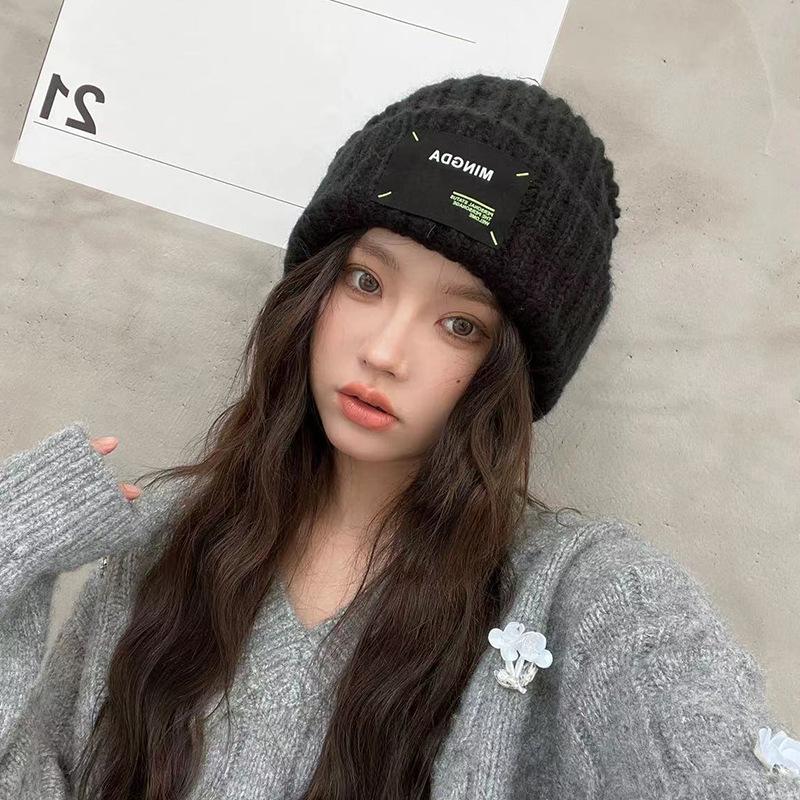 

Small Wool Hat for Women In Autumn and Winter Loose Warm Black Pile Hat Big Head Circumference Thick Knitted Cold Hat Ins Trendy One Size