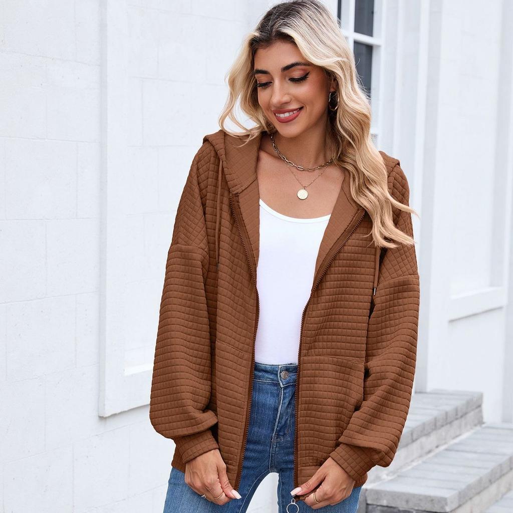 European and American-style Women's Solid Color Zip-up Long-sleeve Hooded Sweatshirt/jacket for Fall and Winter