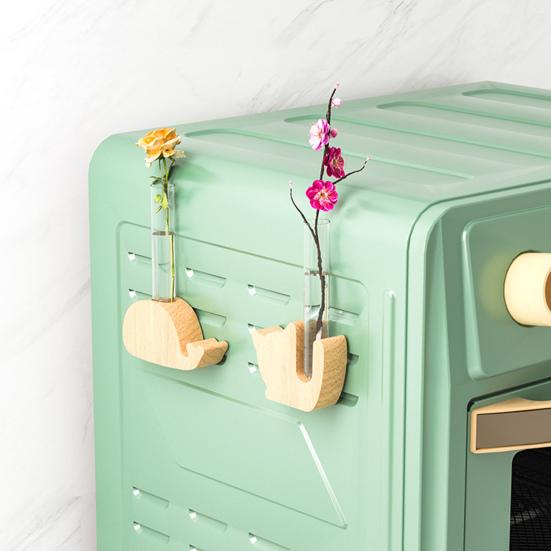 Fridge Magnet Vase Clear Glass Tube Vase with Wooden Base Magnetic Mini Vase for Flowers Herbs Refrigerator Kitchen Decor
