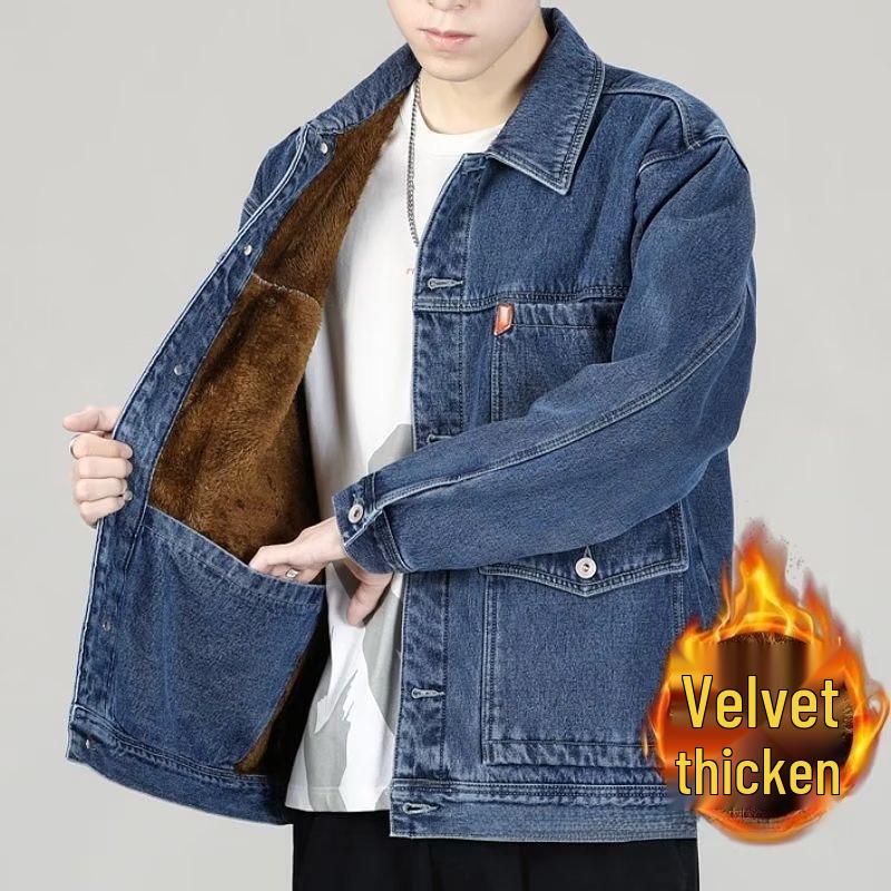 Men's Velvet-Lined Thick Denim Jacket - Extra Warm, Loose Fit, Trendy Plus Size for Winter