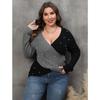 Women Plus Size Color Block Beaded Deep V Cross Long Sleeve Sweater