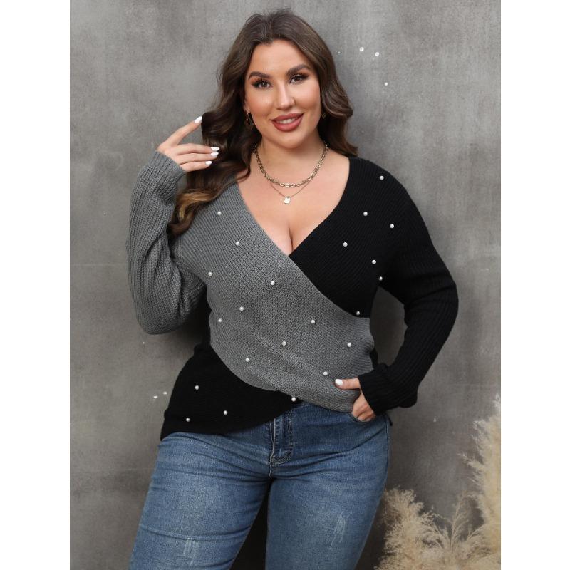Women Plus Size Color Block Beaded Deep V Cross Long Sleeve Sweater