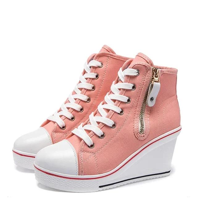 Kobiety z ukrytym klinem niewidoczne buty na obcasie brezentowe buty na koturnie z bocznym zamkiem zwiększone dorywczo wysokie oddychające trampki na platformie