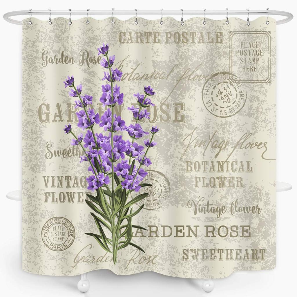 Lavender Shower Curtain with Hooks Waterproof Polyester Fabric Purple Floral Plant Bathroom Bathtub Curtains for Bath Room Tub
